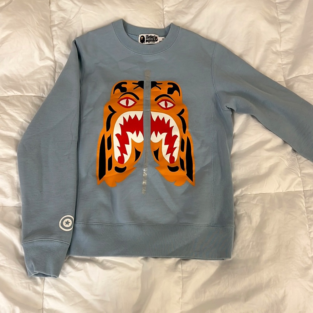 Bape Blue Crewneck Sweater with Bold Tiger Design